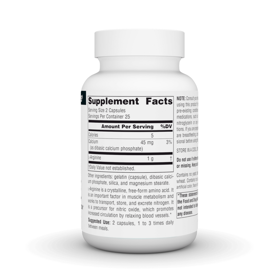 Supplement facts & ingredients image: Source Naturals L-Arginine 500mg free form capsules ingredient panel 50 count