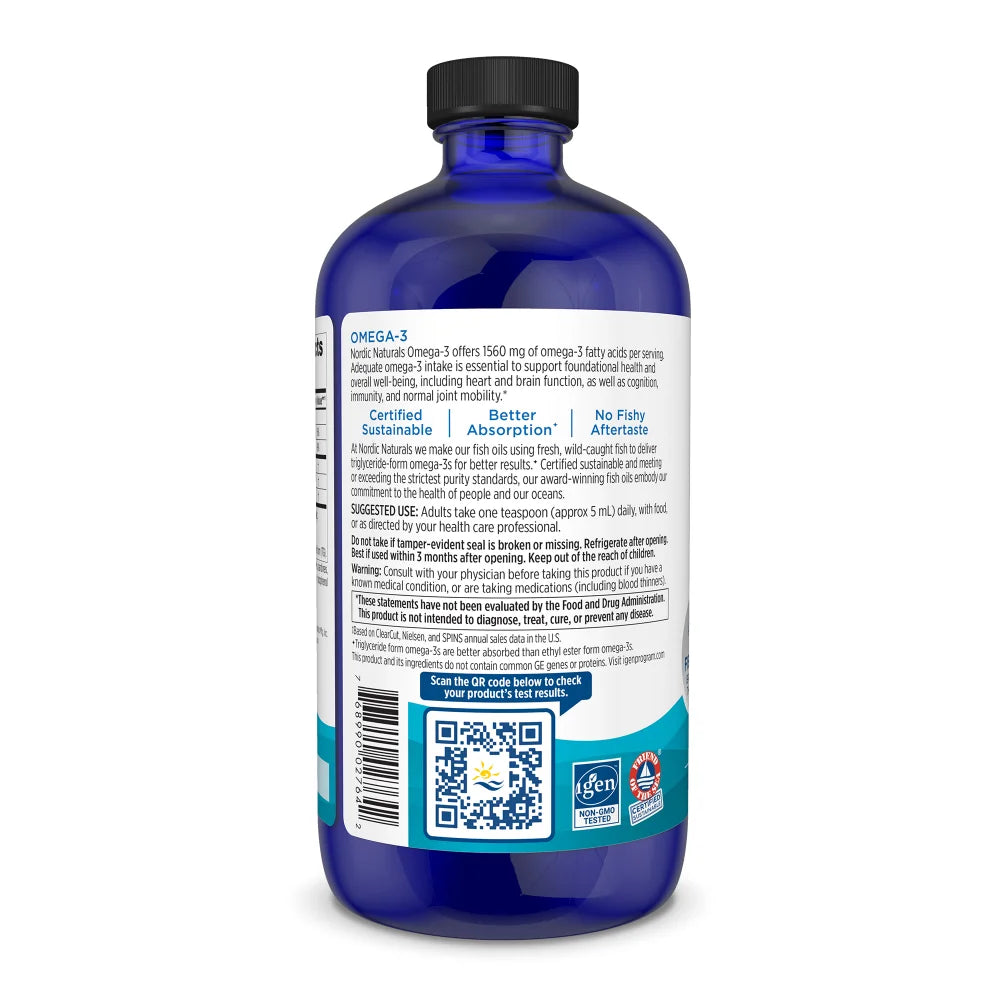 Supplement facts & barcode label for Nordic Naturals Omega-3 Liquid.