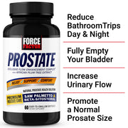 Force Factor Prostate supplement bottle with text highlighting benefits on a white background