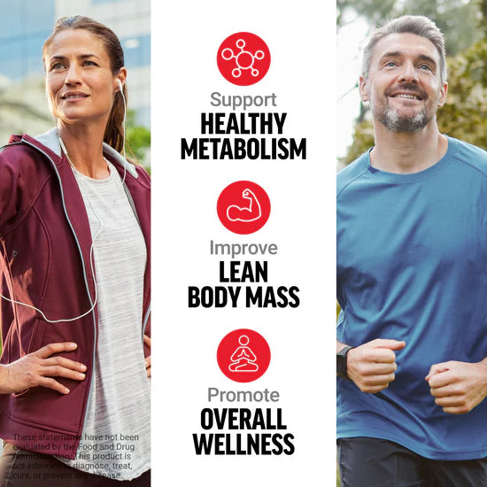 Two people exercising outdoors with text about supporting healthy metabolism, improving lean body mass, and promoting overall wellness.