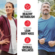 Two people exercising outdoors with text about supporting healthy metabolism, improving lean body mass, and promoting overall wellness.