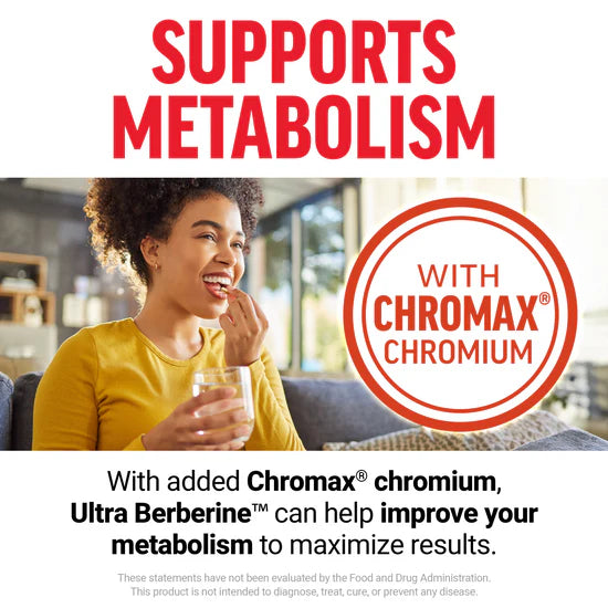 Advertisement featuring a woman holding a glass with text about Chromax Chromium supporting metabolism.