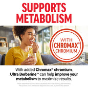 Advertisement featuring a woman holding a glass with text about Chromax Chromium supporting metabolism.
