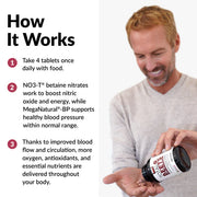 Man holding a supplement bottle with text on how it works