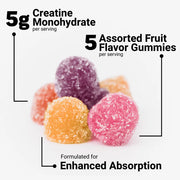 Assorted fruit flavor gummies with nutritional information on a white background