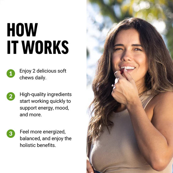 Woman enjoying soft chews with text on how they work