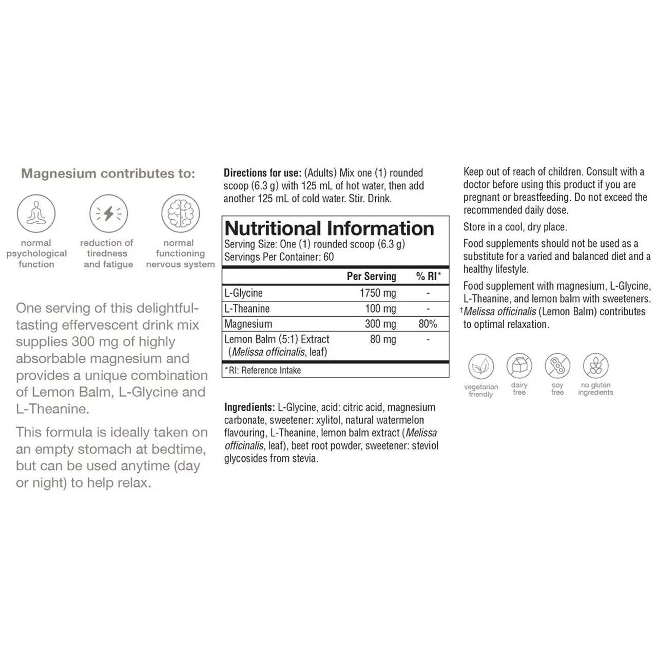 Supplement facts and ingredients for magnesium powder blend.