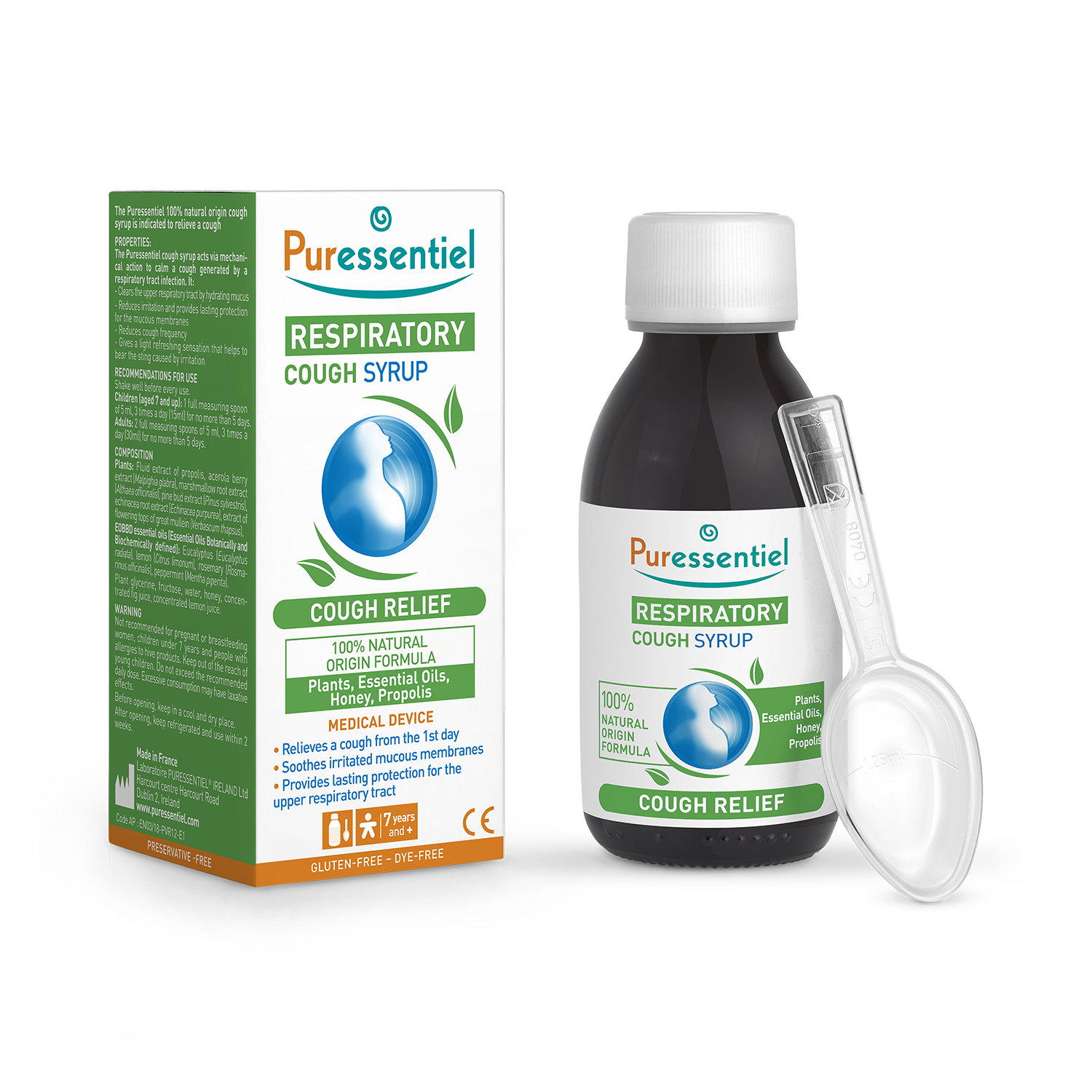 Puressentiel Respiratory Soothing Syrup bottle & box, 125ml, for adults and kids 7+.

