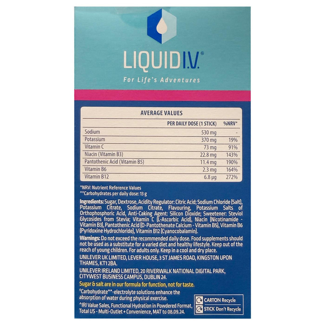Liquid IV supplement packaging with nutritional information on a white background