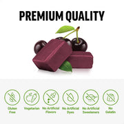 Two purple bars of soap with cherries and leaves on a white background, featuring 'Premium Quality' text and green icons indicating product attributes.
