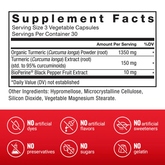 Supplement facts label for Turmeric Curcumin 95% with Black Pepper Extract.