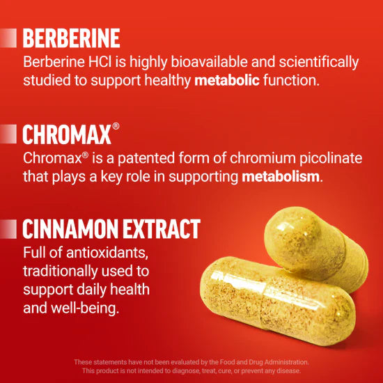 Supplement capsules with text about Berberine, Chromax, and Cinnamon Extract on a red background.