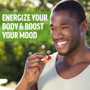 Man eating a snack with text 'Energize your body & boost your mood' on a green background
