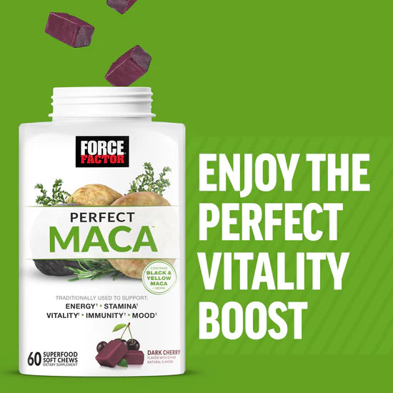 Force Factor Perfect Maca supplement bottle on a green background with text about vitality boost.