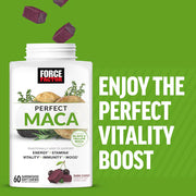 Force Factor Perfect Maca supplement bottle on a green background with text about vitality boost.