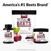 Force Factor Total Beets products including a supplement bottle, chewable package, and powder jar on a white background.