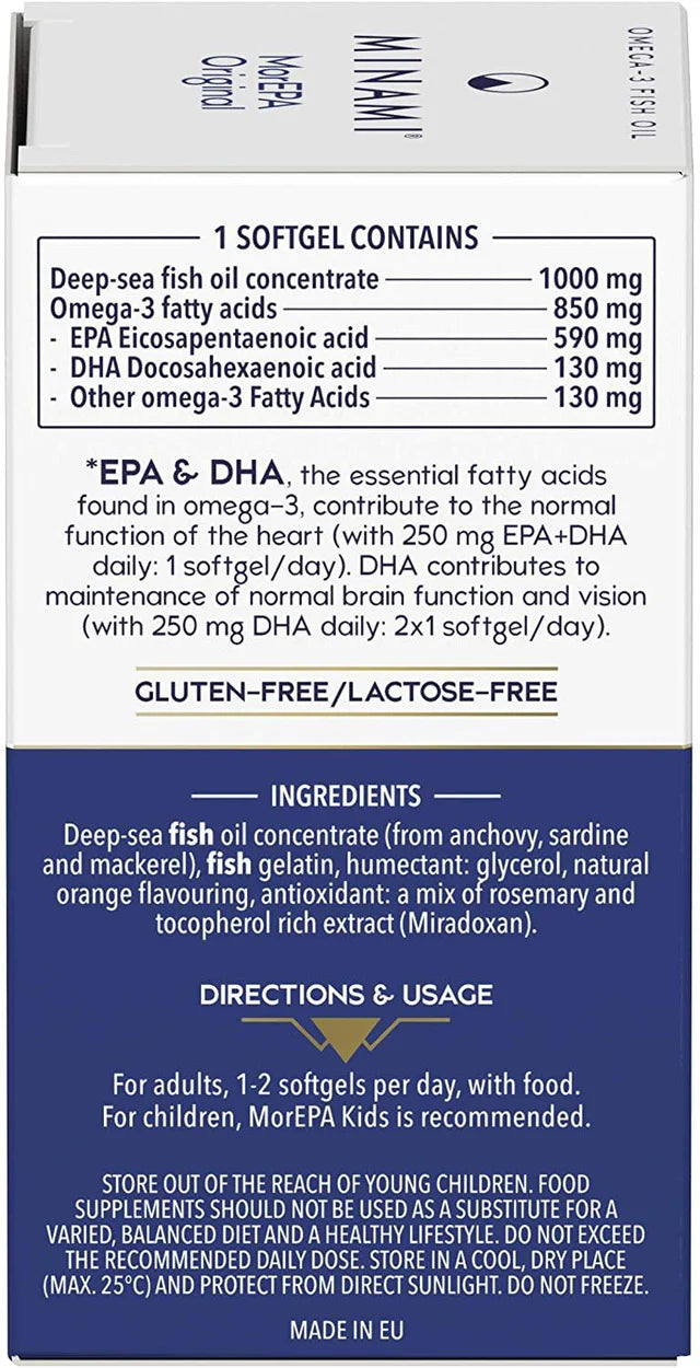 Label detail showing ingredients and supplement facts for Minami MorEPA Original.