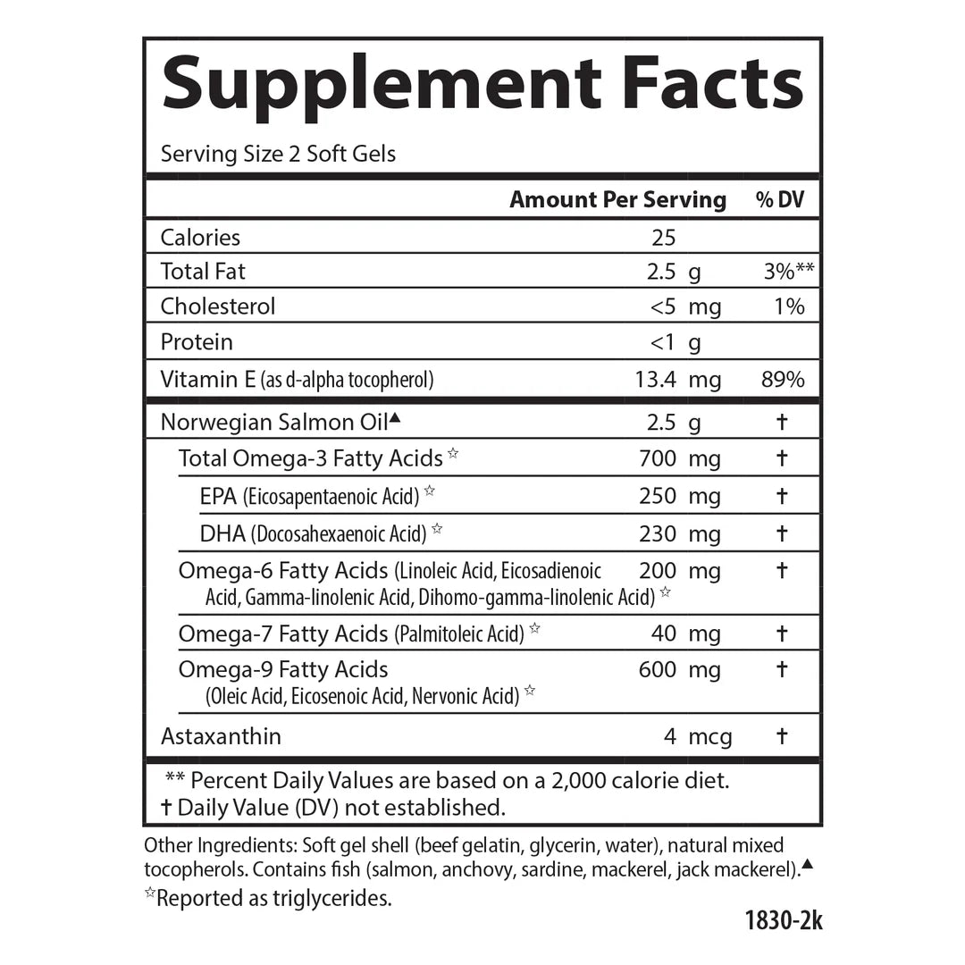 Supplement facts & ingredients image: Carlson Salmon Oil Complete omega fatty acids astaxanthin supplement facts 180 softgels
