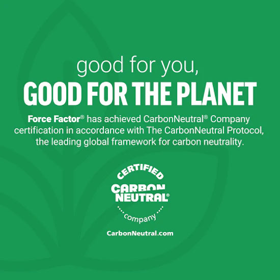 Green background with text about Force Factor achieving CarbonNeutral Company certification.