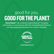 Green background with text about Force Factor achieving CarbonNeutral Company certification.
