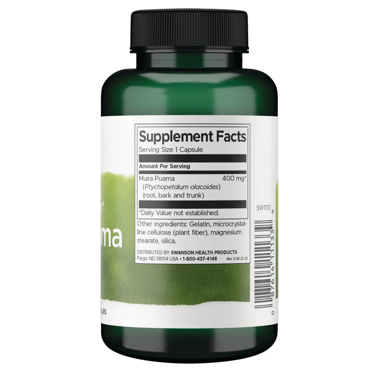 Back: Supplement facts label for Muira Puama showing full spectrum plant parts.
