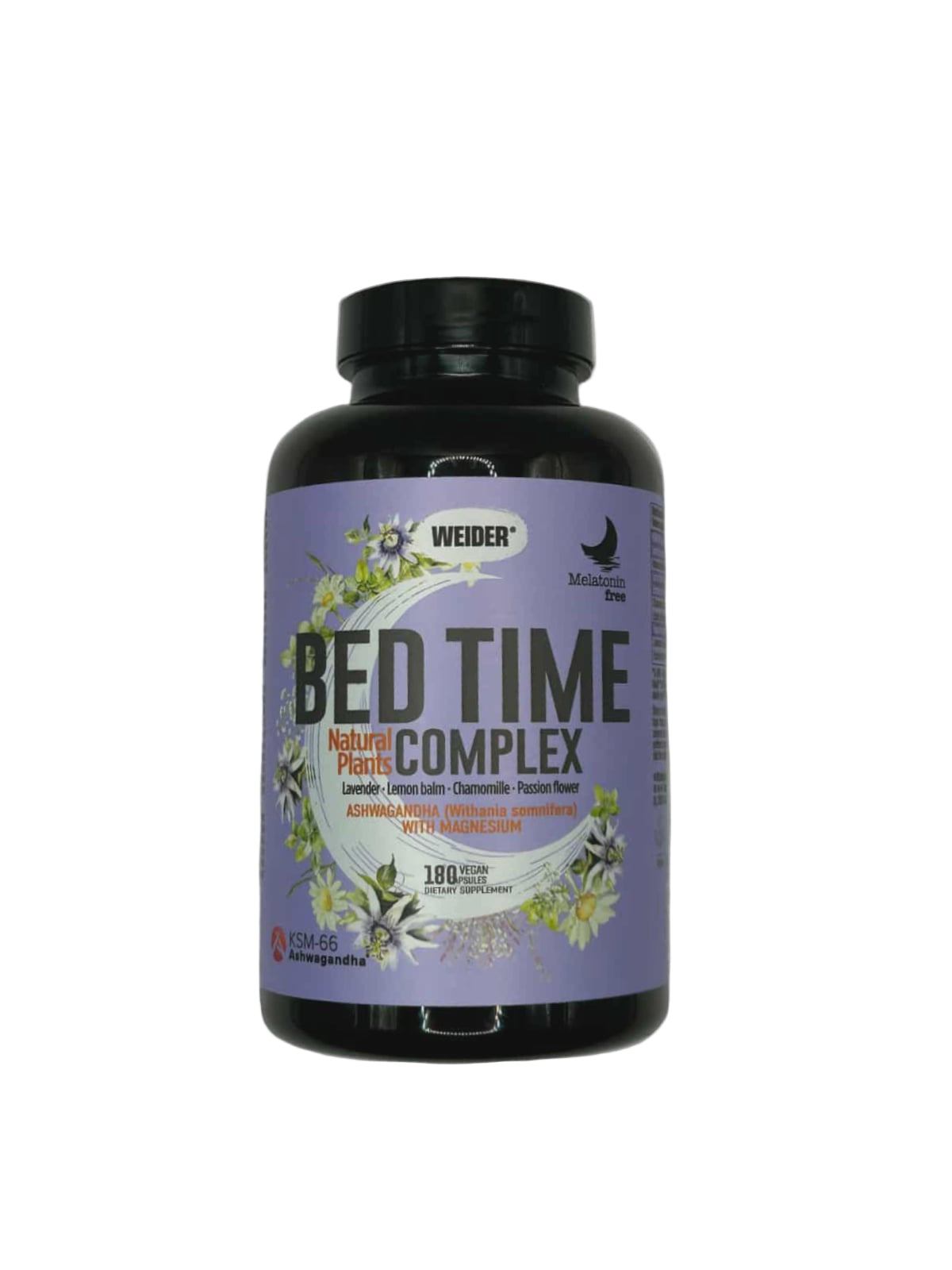 Weider Bed Time Natural Complex bottle, featuring Ashwagandha KSM-66, Lavender, Lemon Balm, Chamomile, and Passion Flower.