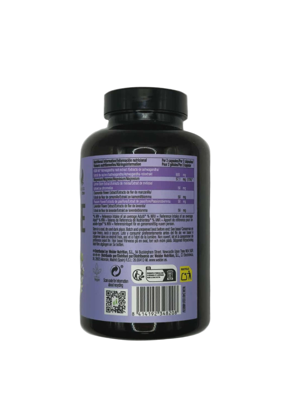 Supplement facts panel and ingredients list for Weider Bed Time Natural Complex capsules on white background.