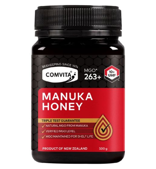 Front image: Comvita Manuka Honey UMF 10+ MGO 263+ glass tub 500g