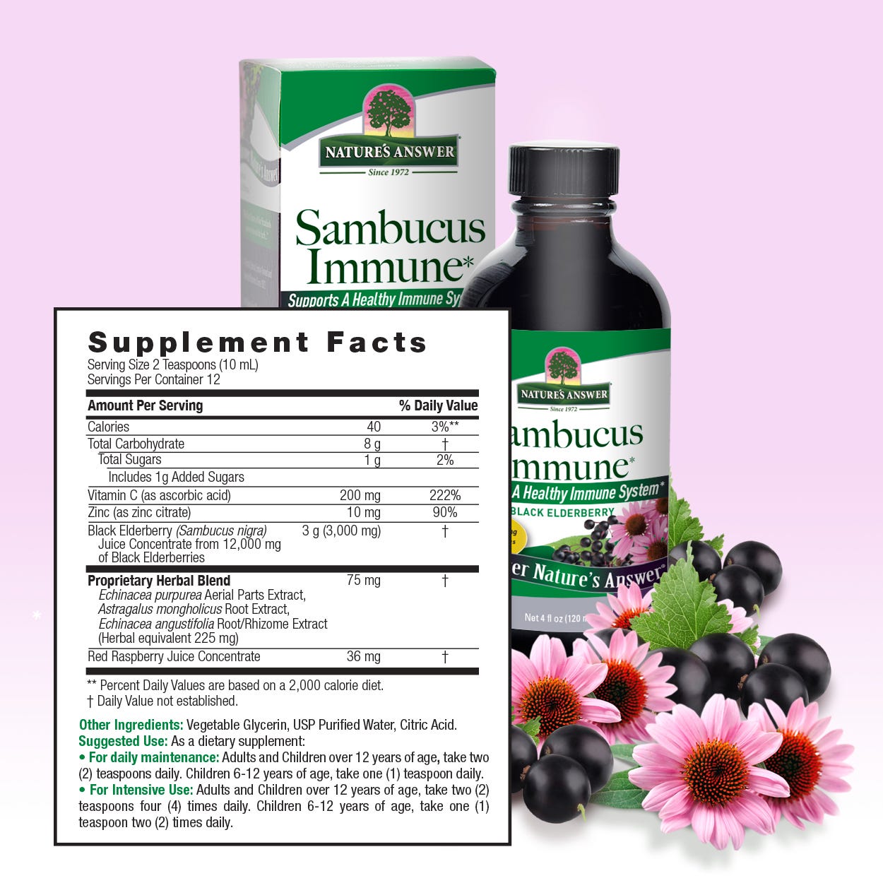 Nature’s Answer Sambucus Immune Support supplement facts 120ml bottle