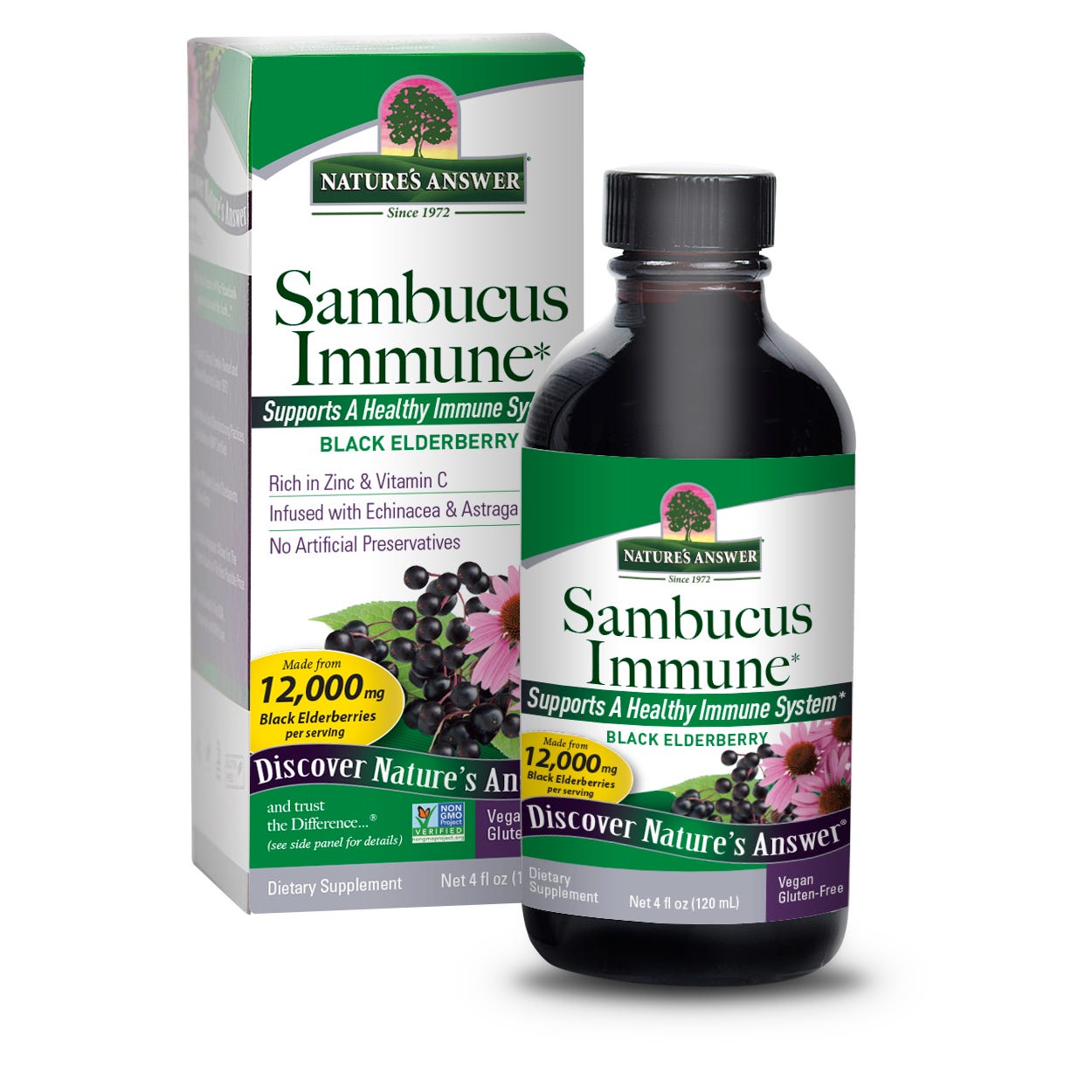 Nature’s Answer Sambucus Immune Support elderberry liquid 120ml box & bottle front label
