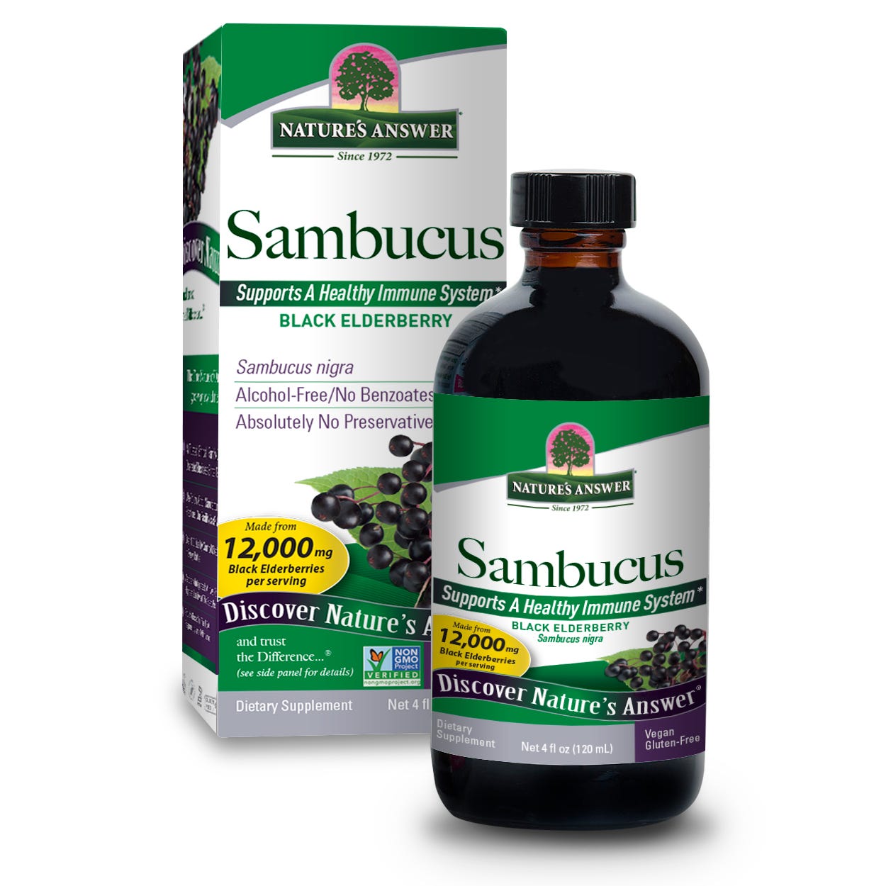 Nature’s Answer Sambucus elderberry alcohol-free liquid extract 120ml box & bottle front label