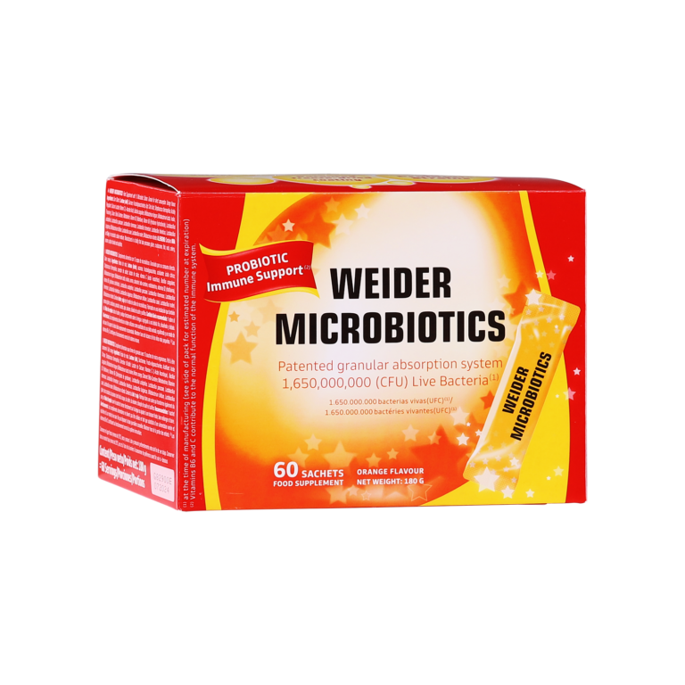 Front: Weider Microbiotics Immune Support probiotic box with 60 single-dose sachets, orange flavour, on white background.