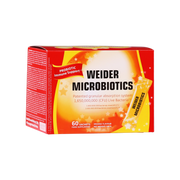 Front: Weider Microbiotics Immune Support probiotic box with 60 single-dose sachets, orange flavour, on white background.