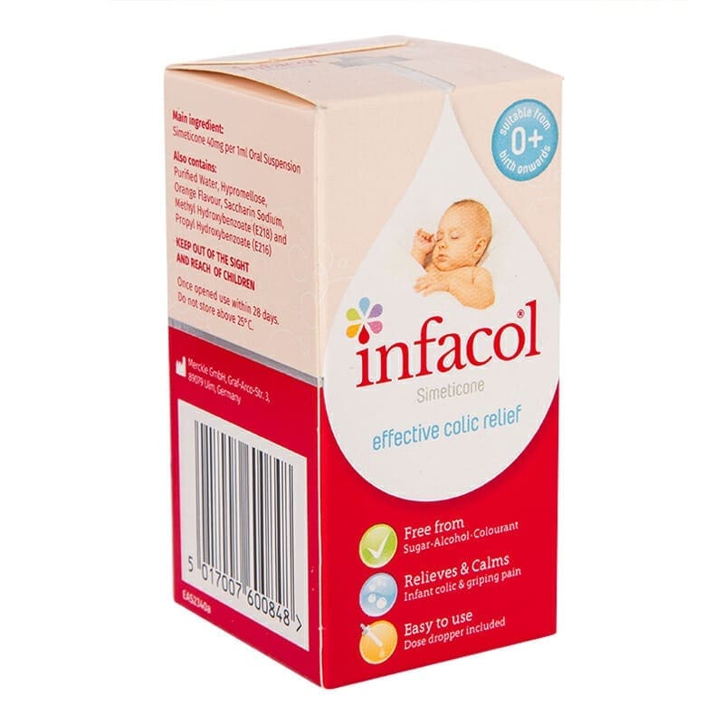Infacol Simeticone Oral Suspension – 55ml box with ingredients and barcode side view.