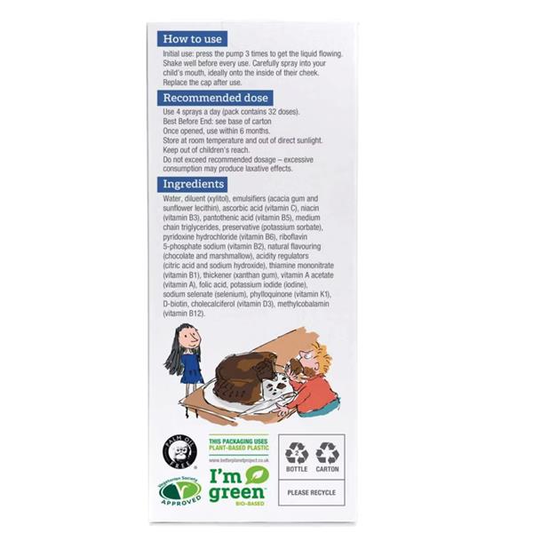 Supplement facts and ingredient list for BetterYou Kids Vitamin Oral Spray.