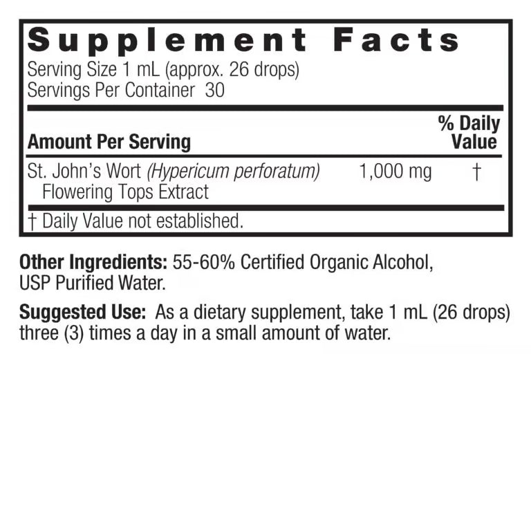 Supplement facts label for St. John's Wort extract on a white background