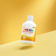 Super Kids Multivitamin bottle on a yellow background