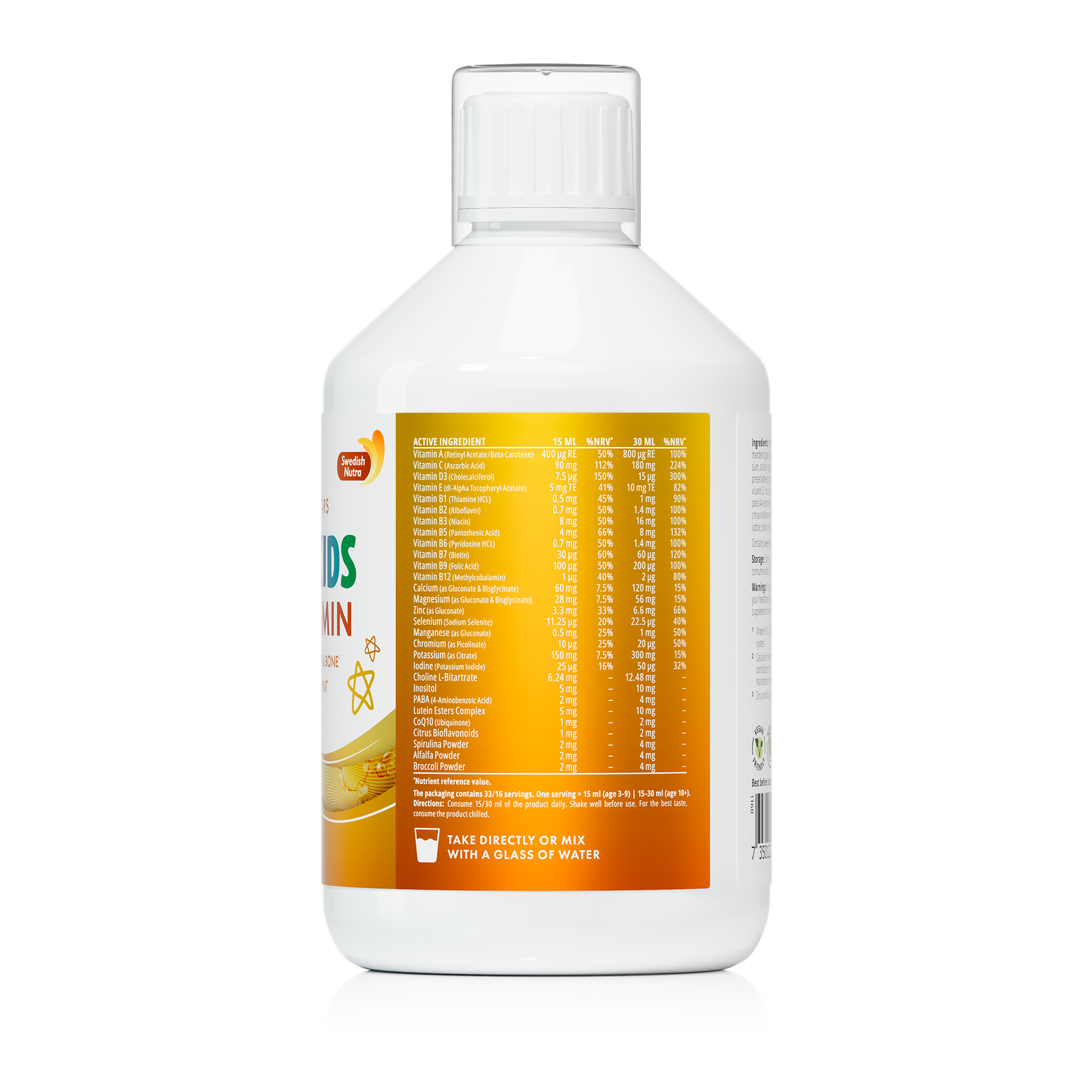 Supplement facts & ingredients image: Swedish Nutra Super Kids multivitamin supplement facts ingredients 500ml bottle