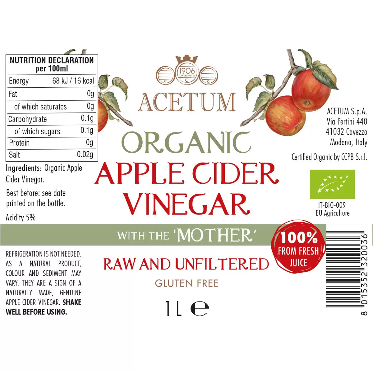 Supplement facts, ingredients & barcode image: Acetum apple cider vinegar ingredients label bottle 1L