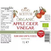 Supplement facts, ingredients & barcode image: Acetum apple cider vinegar ingredients label bottle 1L