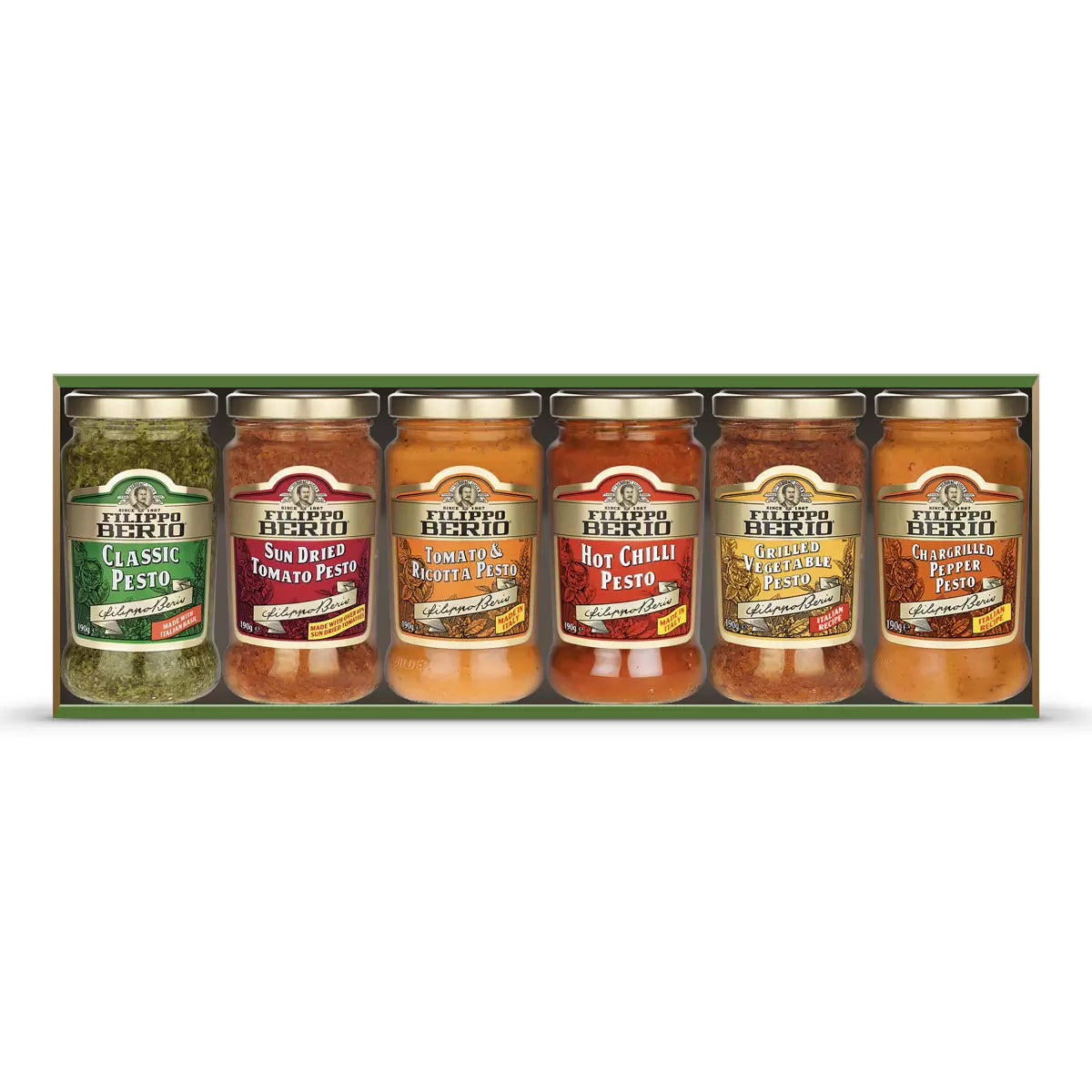 Filippo Berio Pesto Selection Variety Pack glass jar multipack assorted pesto sauces 6 x 190g front packaging image