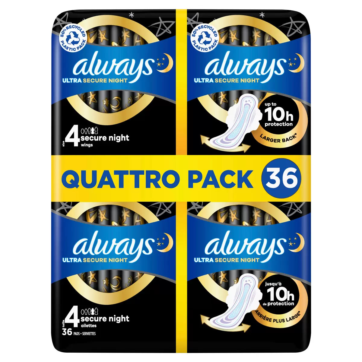 Front image: Always Ultra Secure Night pads size 4 wings sanitary pads 36 pack