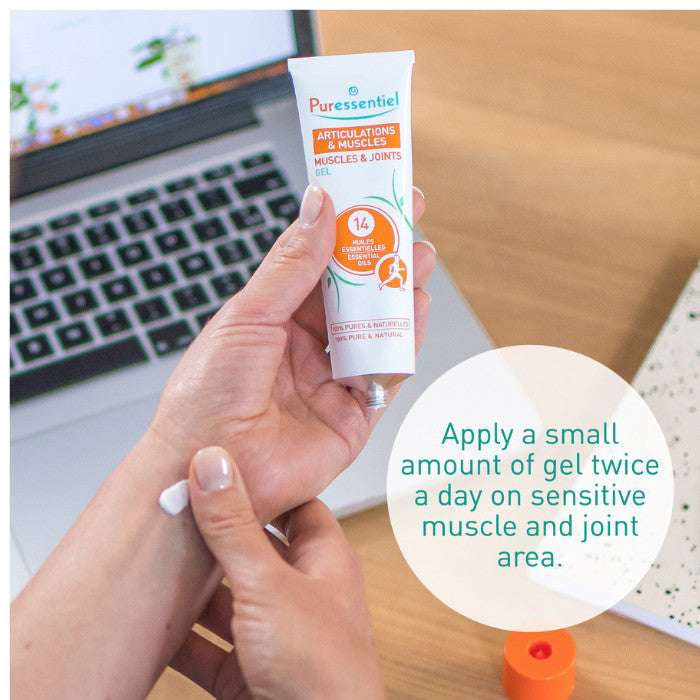 Hand applying Puressentiel gel to wrist.