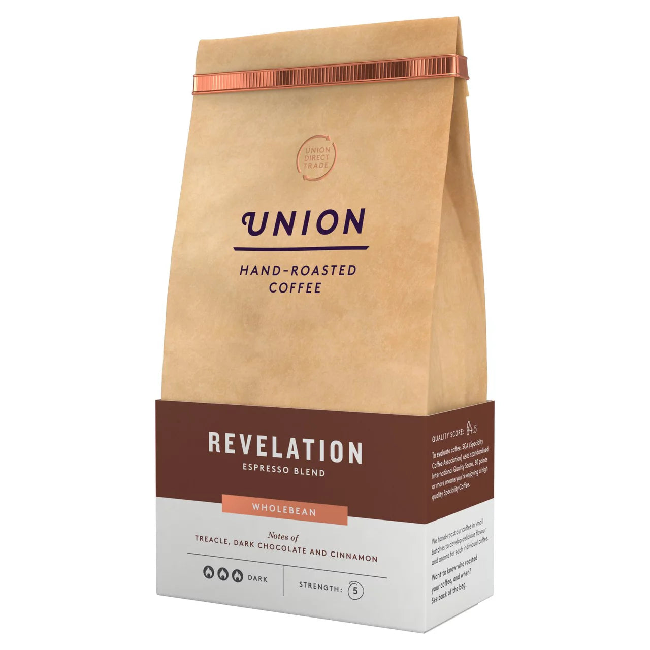 Coffee details, tasting notes, and espresso brewing guide on bag.