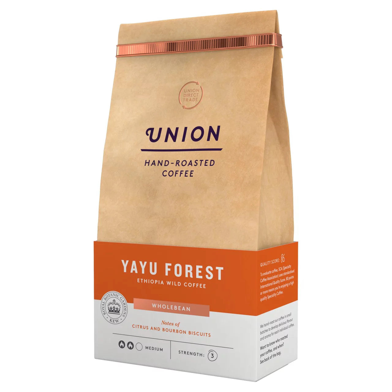 Coffee details, tasting notes, and conservation information on bag.