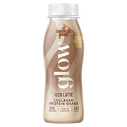 Front image: For Goodness Shakes Glow Collagen Protein Shake iced latte bottle 250ml lactose free