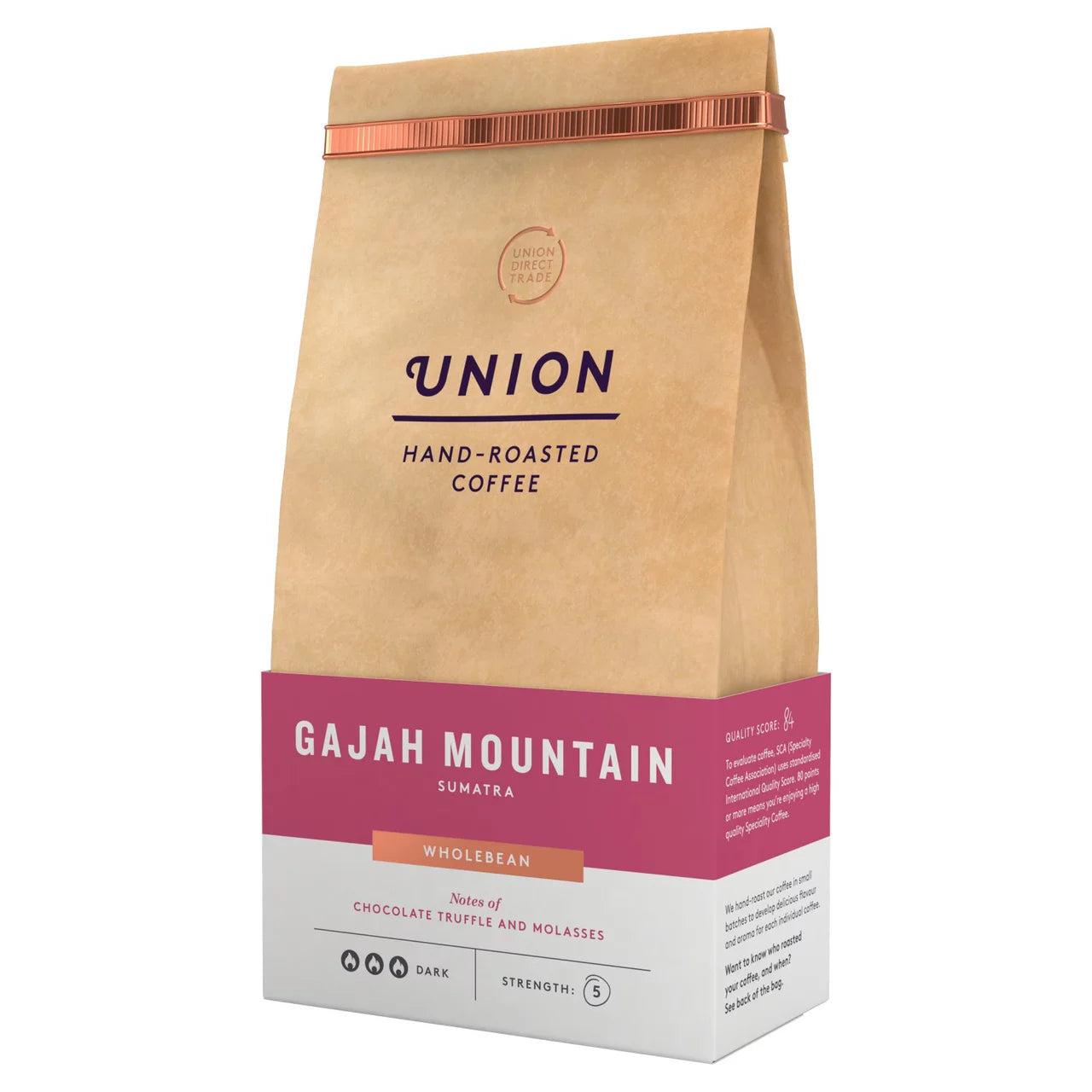 Coffee details, tasting notes, and brewing tips on bag.