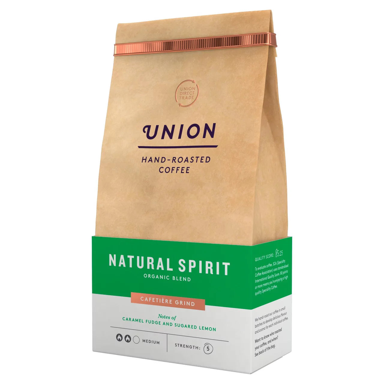 Coffee details, tasting notes, and organic certification on bag.