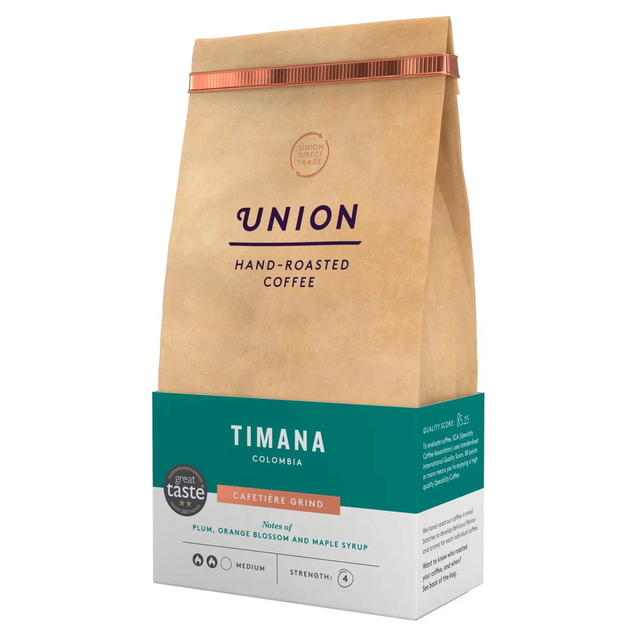 Coffee details, tasting notes, and origin story on bag.