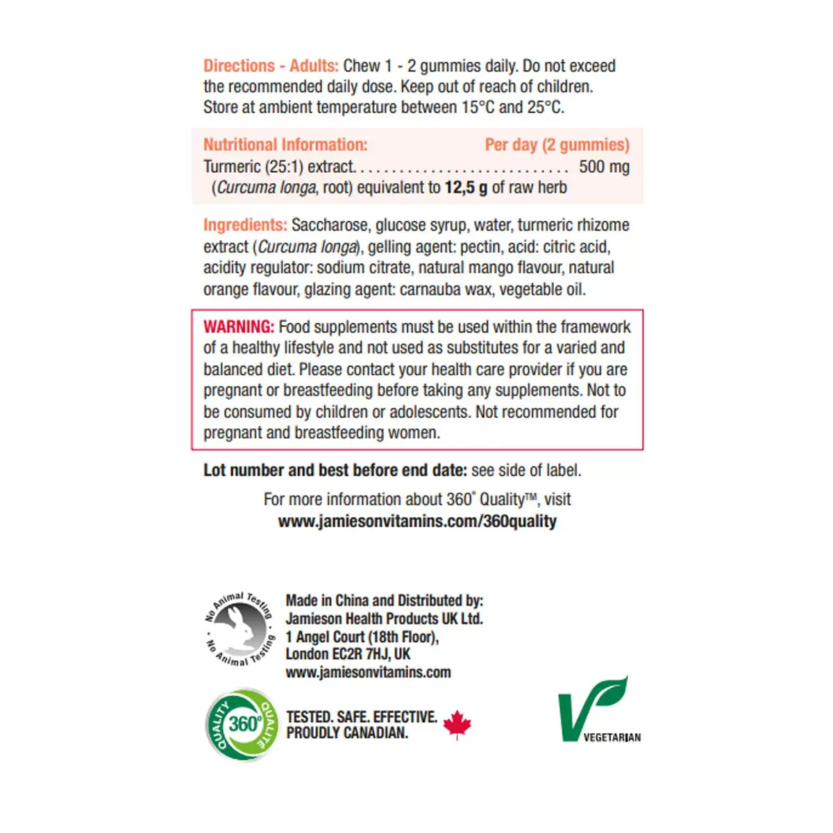 Label of Jamieson Turmeric Gummies showing supplement facts and ingredients.